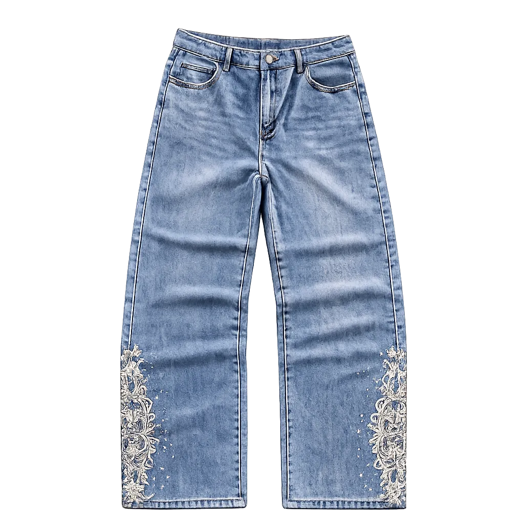 Calça Jeans Reta com Bordado Floral