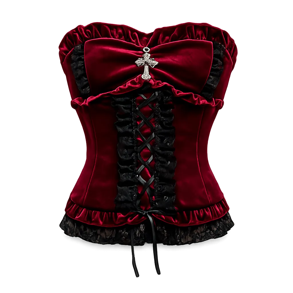 Corset Veludo Bordô Gótico com Renda