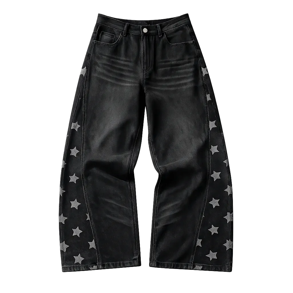 Calça Jeans Wide Leg Stars Preta