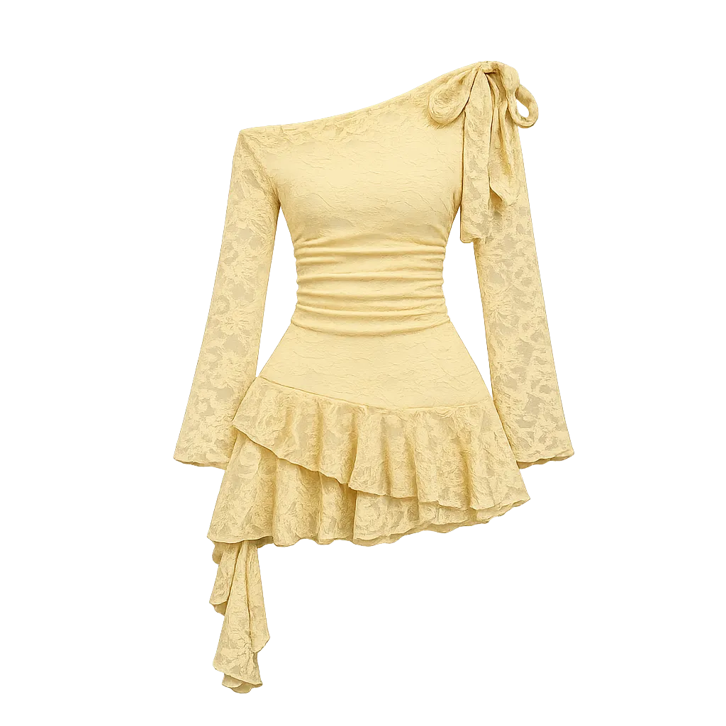 Vestido Curto Rendado Ombro Único Amarelo